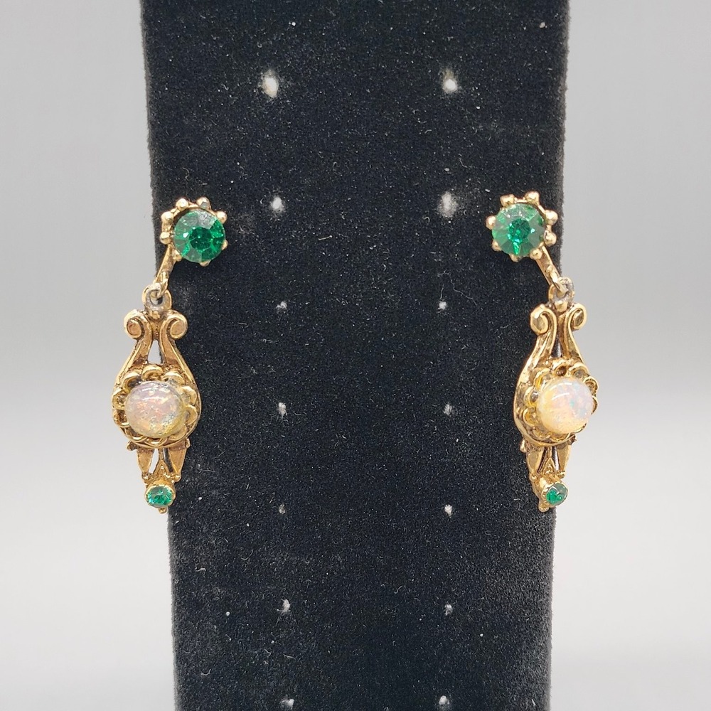 Vintage Drop Dangle Earrings 1.5" L Gold Tone Opal Green Stone Screw Back